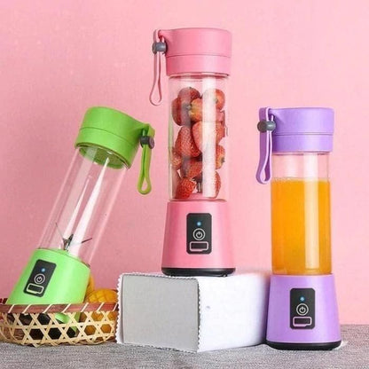 Portable Electric 6 Blade USB Juice Maker (380 ml) showcases vibrant colors and fresh fruits, perfect for healthy drinks.