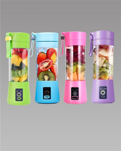 Colorful Portable Electric 6 Blade USB Juice Maker (380 ml) with fresh fruits, perfect for on-the-go smoothies and juices.