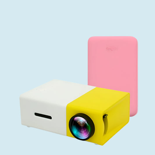 Yellow and beige projector with a pink cover on a light blue background