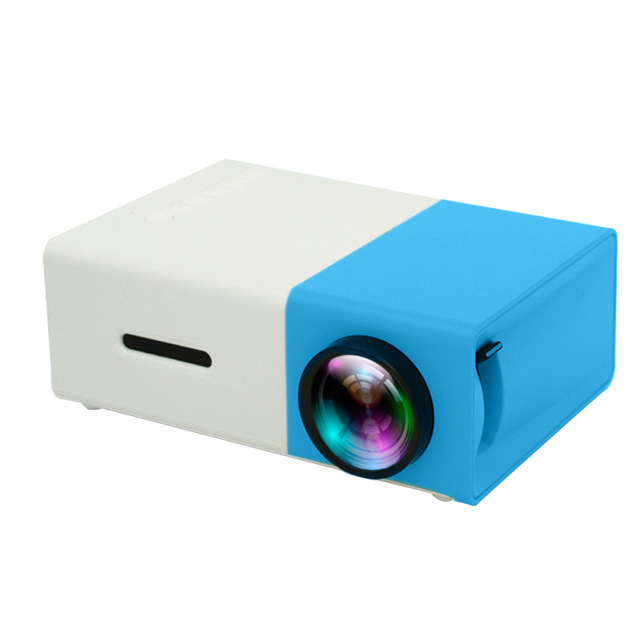Small blue and white projector on a white background